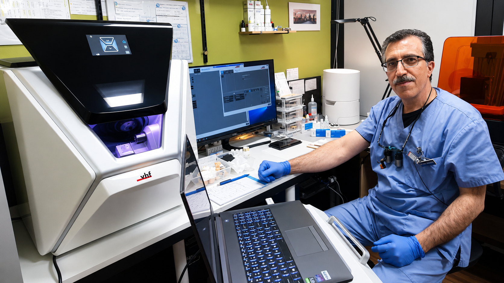 Dr Mani Moujerloo working with digital dental lab technology